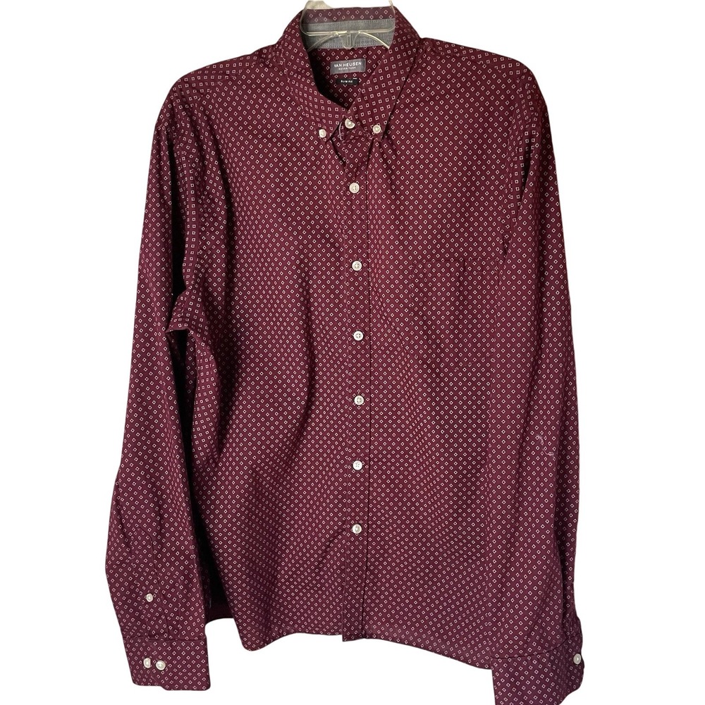 Van Heusen Never Tuck‎ Slim Fit Maroon Geometric Button Down Shirt, XL